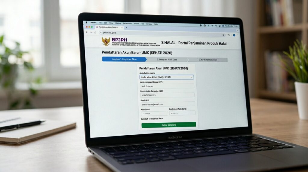 Cara daftar sertifikat halal gratis 2026 langkah registrasi akun di portal SIHALAL ptsp.halal.go.id
